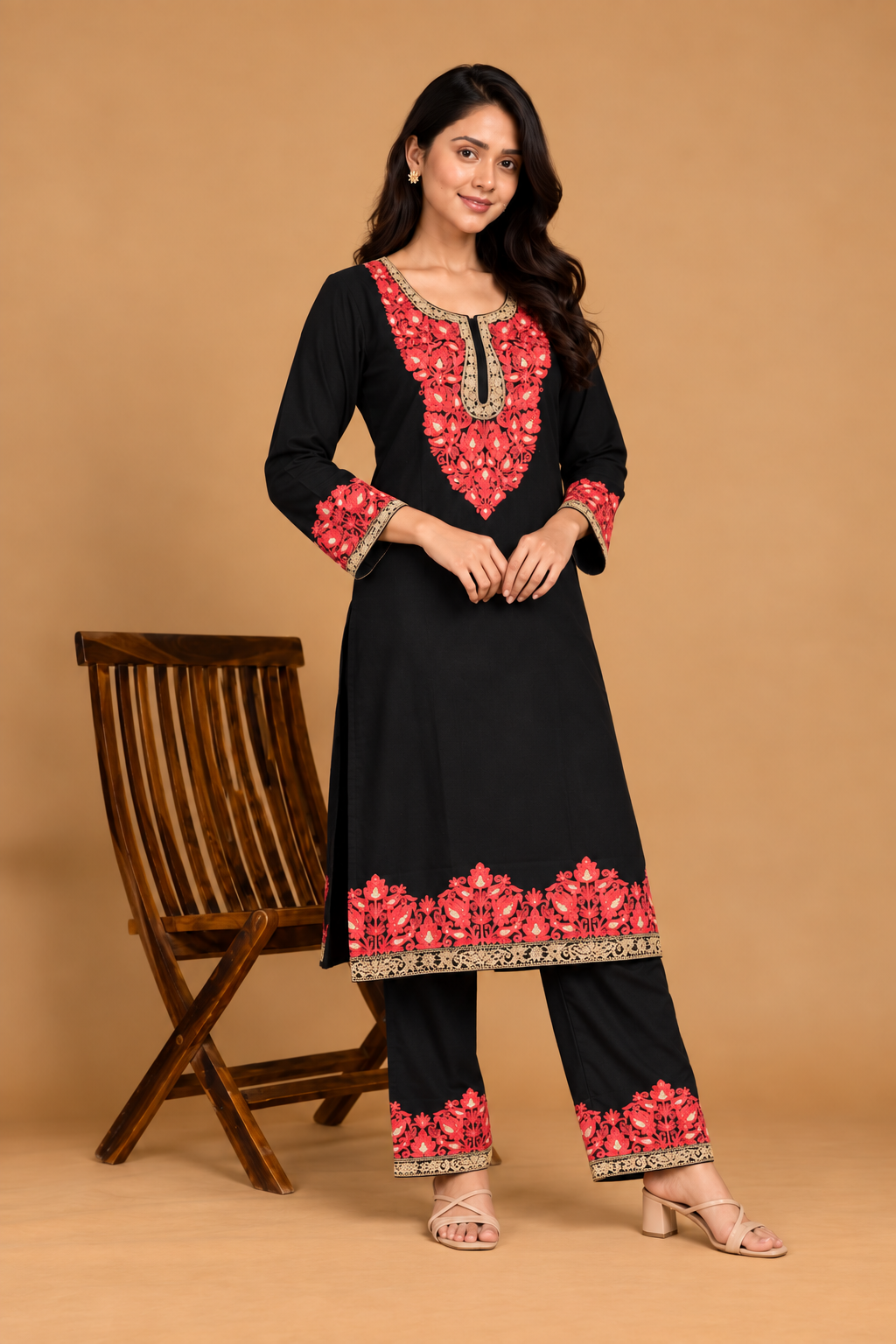 TOK Aari Embroidered Cotton Solid Women's 2PC Co-ord Set - Black and Red