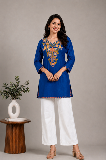 TOK Aari Embroidered Cotton Solid Women's Short Kurta - Blue