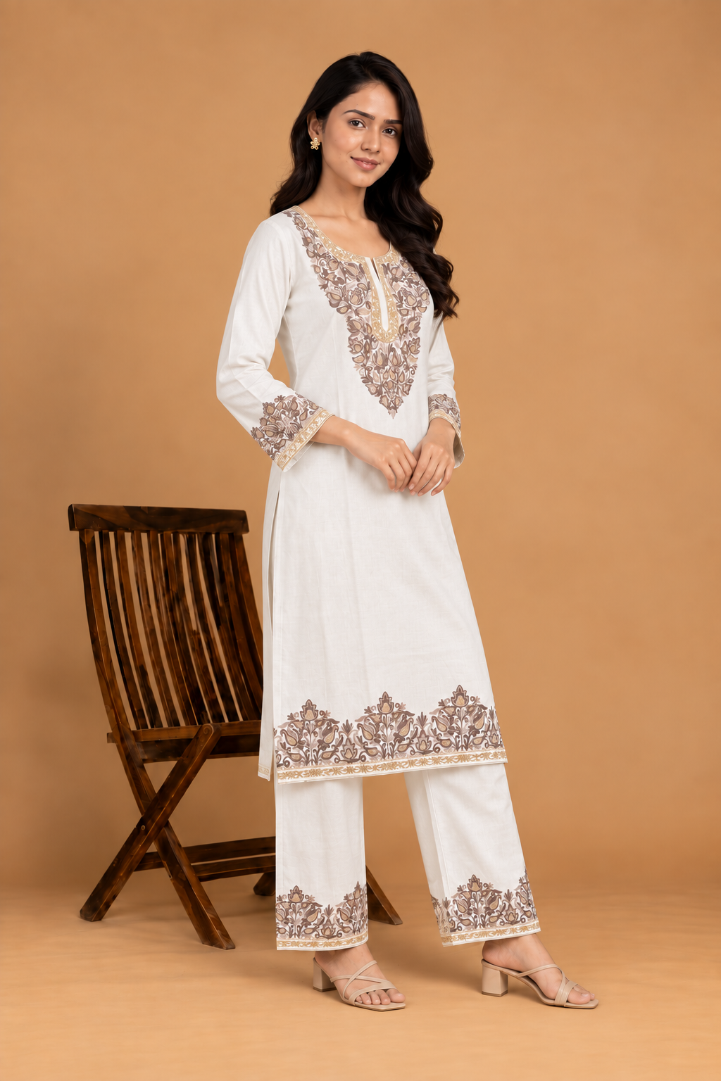 TOK Aari Embroidered Cotton Solid Women's 2PC Co-ord Set - White