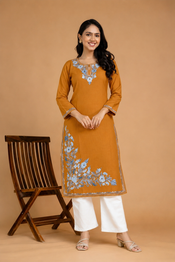 TOK Aari Embroidered Cotton Solid Women's Long Kurta - Mustard