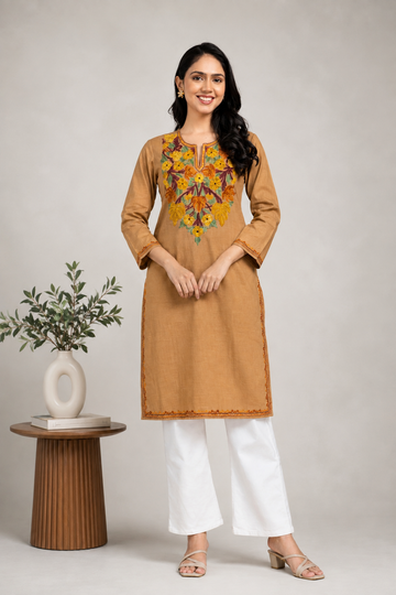 TOK Aari Embroidered Cotton Solid Women's Long Kurta