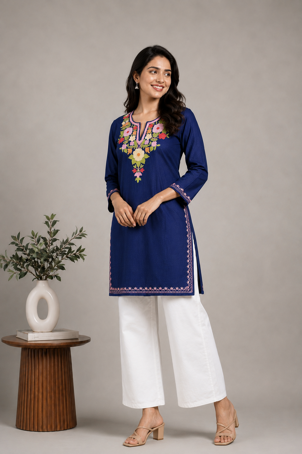 TOK Aari Embroidered Cotton Solid Women's Short Kurta - Blue