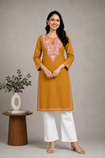TOK Aari Embroidered Cotton Solid Women's Long Kurta - Mustard