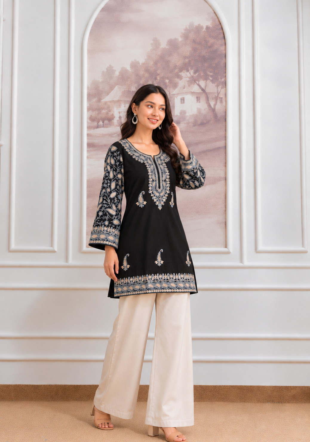 TOK Aari Embroidered Cotton Solid Women's Short Kurta - Black