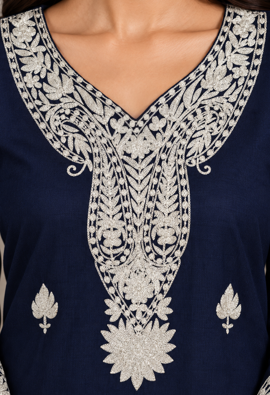 TOK Full Tilla (ZARI) Embroidered Cotton Solid Women's Long Kurta - Dark Blue