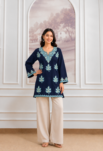 TOK Aari & Zari Embroidered Cotton Solid Women's Short Kurta - Navy Blue