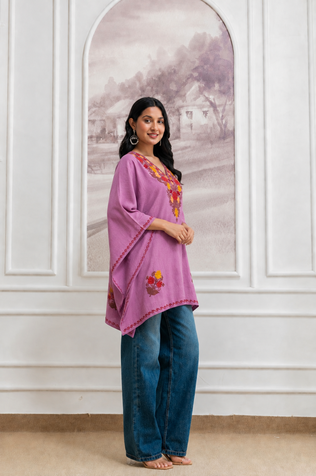 Lavender Crush Cotton Kaftan – Multicolor Embroidery | All-Purpose Comfort Ethnic Wear Free Size