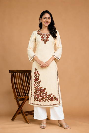 TOK Aari Embroidered Cotton Solid Women's Long Kurta