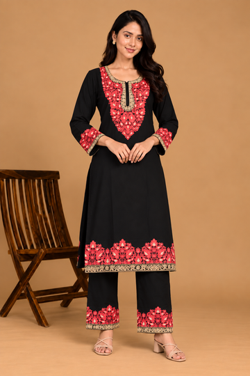 TOK Aari Embroidered Cotton Solid Women's 2PC Co-ord Set - Black and Red