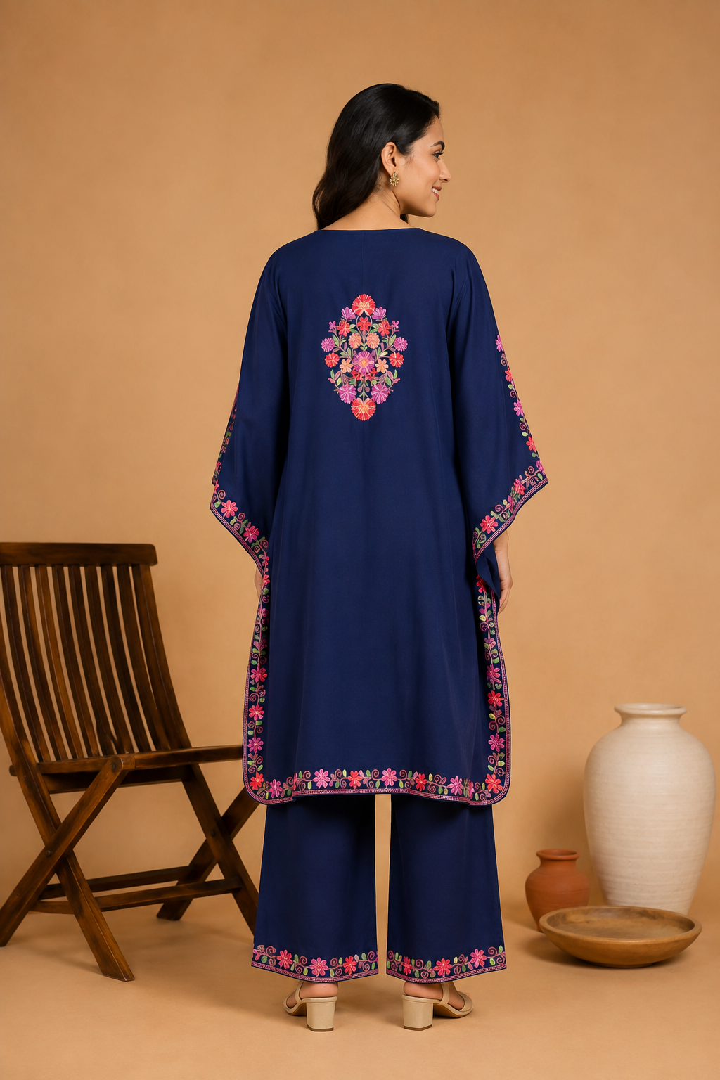 TOK Aari Embroidered Cotton Solid Women's 2PC Kaftan Set - Navy Blue