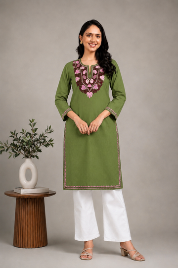 TOK Aari Embroidered Cotton Solid Women's Long Kurta - Green