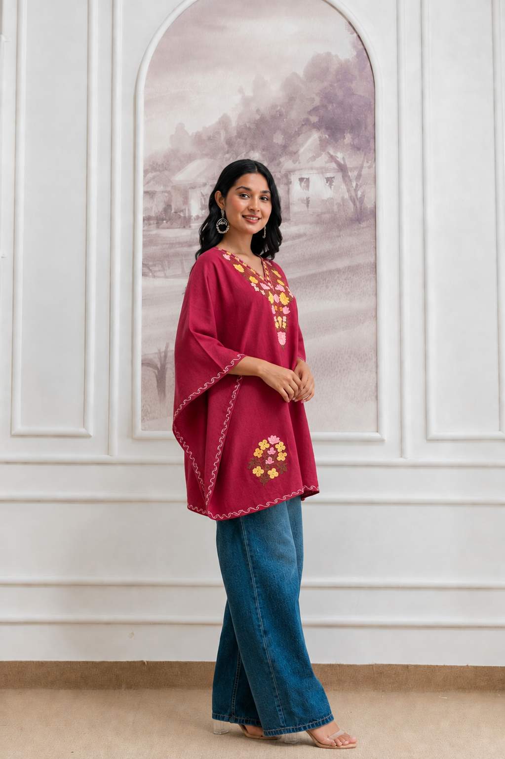 Hot Pink Crush Cotton Kaftan – Multicolor Embroidery | All-Purpose Comfort Ethnic Wear Free Size