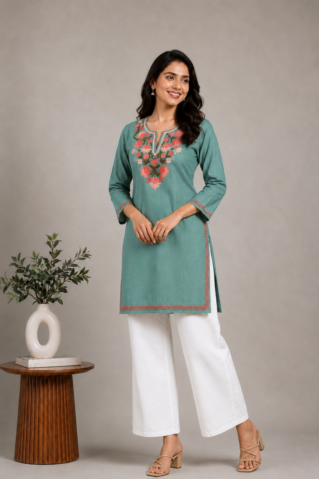 TOK Aari Embroidered Cotton Solid Women's Short Kurta