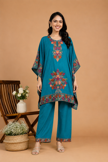 TOK Aari Embroidered Cotton Solid Women's 2PC Kaftan Set - Blue