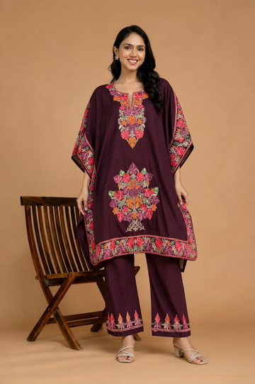TOK Aari Embroidered Cotton Solid Women's 2PC Kaftan Set - Brown
