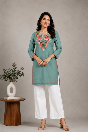 TOK Aari Embroidered Cotton Solid Women's Short Kurta