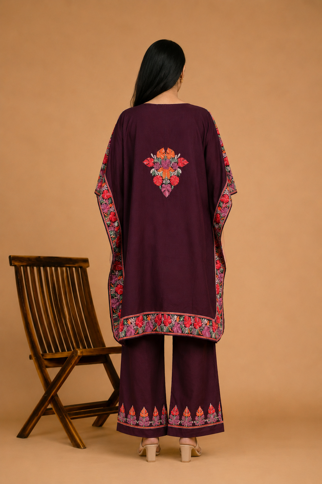 TOK Aari Embroidered Cotton Solid Women's 2PC Kaftan Set - Brown