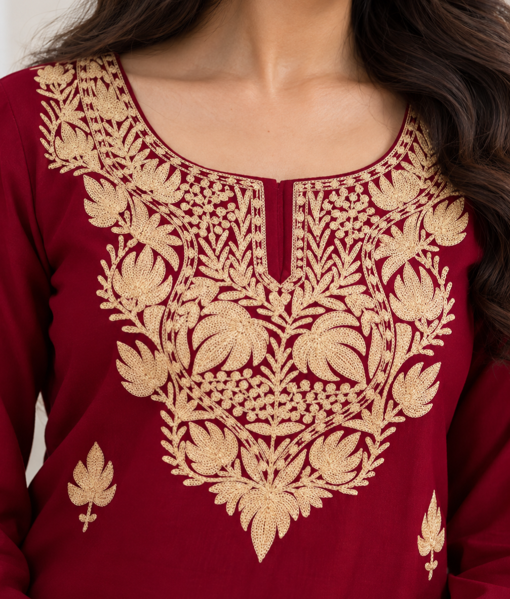 TOK Golden Tilla (ZARI) Embroidered Cotton Solid Women's Long Kurta - Maroon