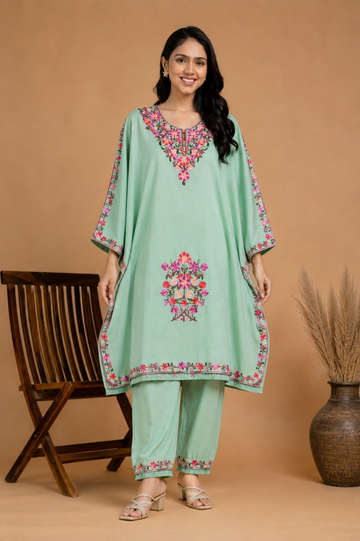 TOK Aari Embroidered Cotton Solid Women's 2PC Kaftan Set - Pista Green