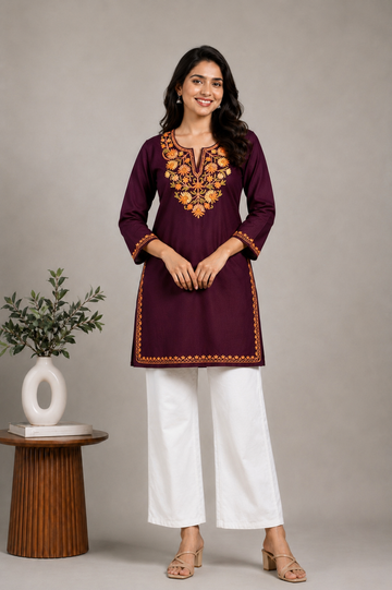 TOK Aari Embroidered Cotton Solid Women's Short Kurta - Wine