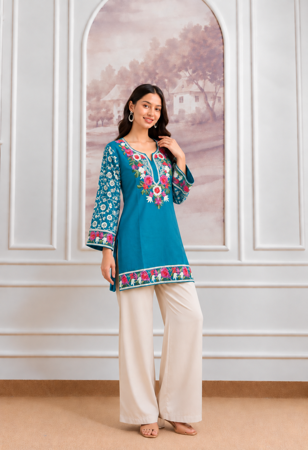 TOK Aari & Zari Embroidered Cotton Solid Women's Short Kurta - Blue