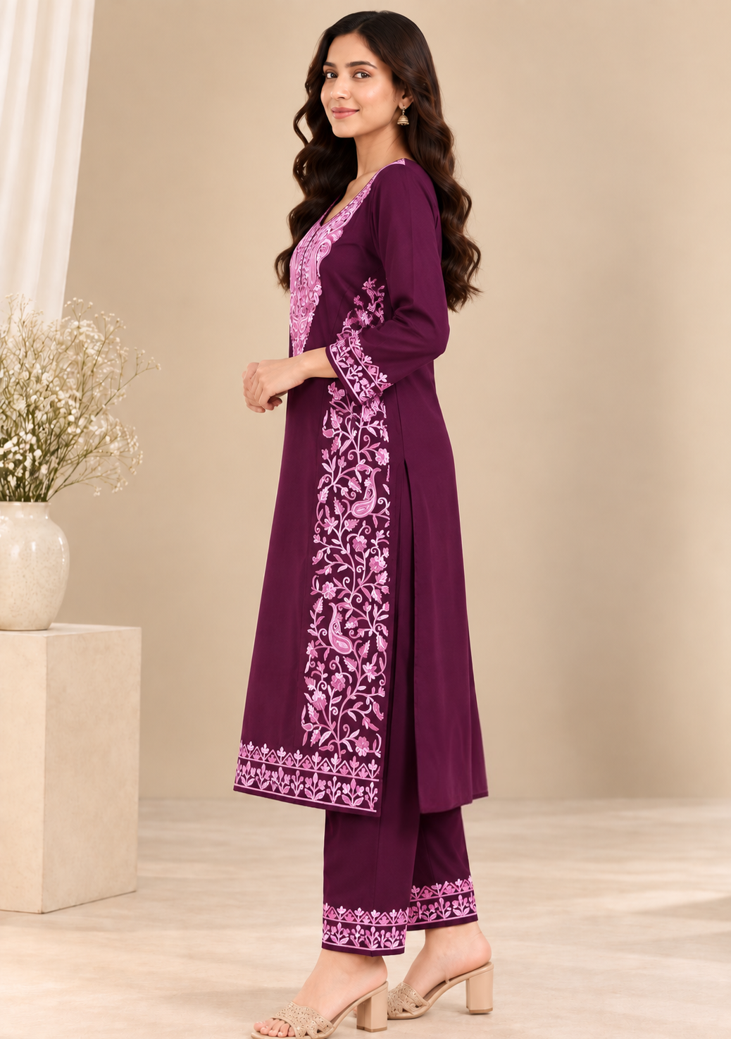 TOK Aari Embroidered Cotton Solid Women's 2PC Co-ord Set - Wine