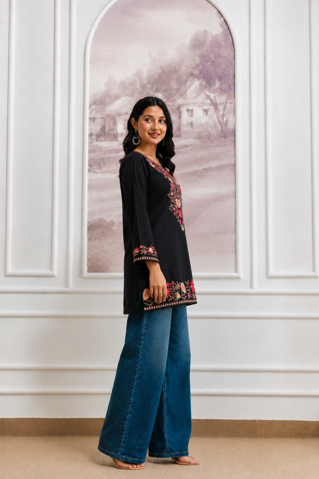TOK Aari Embroidered Cotton Solid Women's Short Kurta - Black