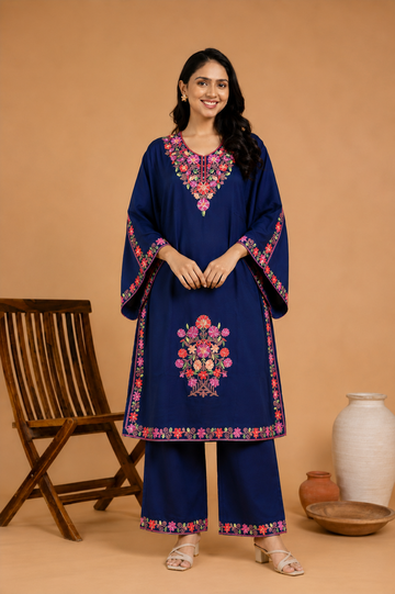TOK Aari Embroidered Cotton Solid Women's 2PC Kaftan Set - Navy Blue