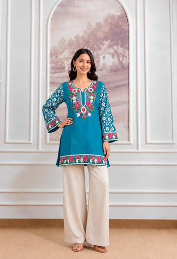 TOK Aari & Zari Embroidered Cotton Solid Women's Short Kurta - Blue