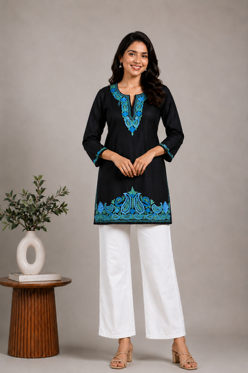 TOK Aari Embroidered Cotton Solid Women's Short Kurta - Black