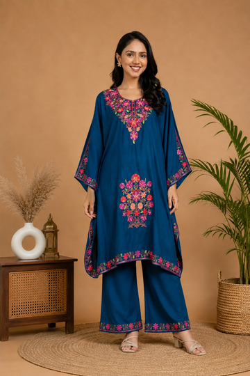 TOK Aari Embroidered Cotton Solid Women's 2PC Kaftan Set - Royal Blue