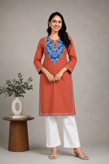 TOK Aari Embroidered Cotton Solid Women's Long Kurta - Rust Orange