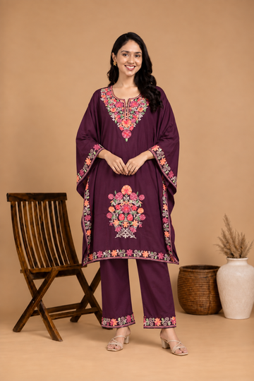 TOK Aari Embroidered Cotton Solid Women's 2PC Kaftan Set - Brown