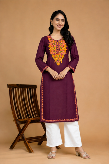 TOK Aari Embroidered Cotton Solid Women's Long Kurta - Wine