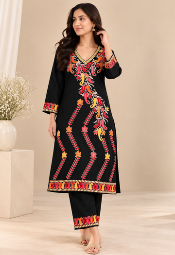 TOK Aari Embroidered Cotton Solid Women's 2PC Co-ord Set - Black