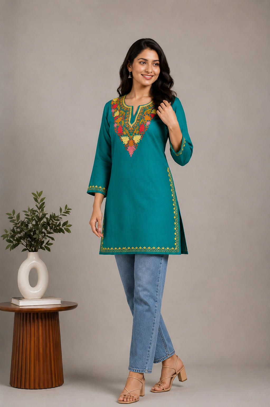 TOK Aari Embroidered Cotton Solid Women's Short Kurta