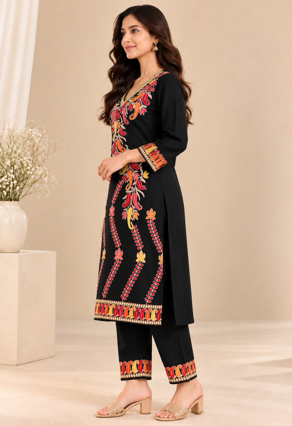 TOK Aari Embroidered Cotton Solid Women's 2PC Co-ord Set - Black