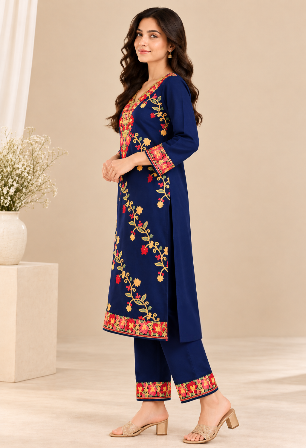 TOK Aari Embroidered Cotton Solid Women's 2PC Co-ord Set - Navy Blue