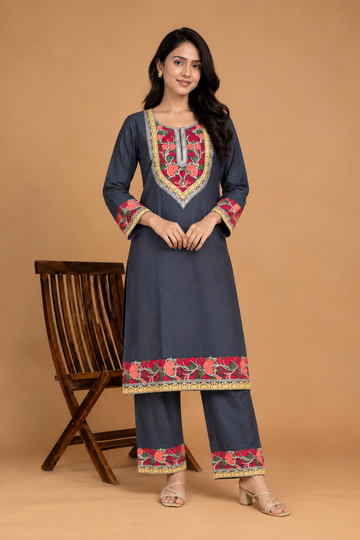TOK Aari Embroidered Cotton Solid Women's 2PC Co-ord Set - Grey