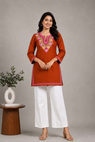 TOK Aari Embroidered Cotton Solid Women's Short Kurta - Rust