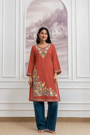 TOK Aari Embroidered Cotton Solid Women's Long Kurta - Rust Orange