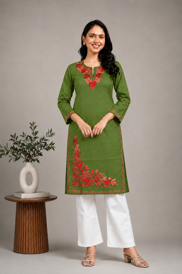 TOK Aari Embroidered Cotton Solid Women's Long Kurta - Green