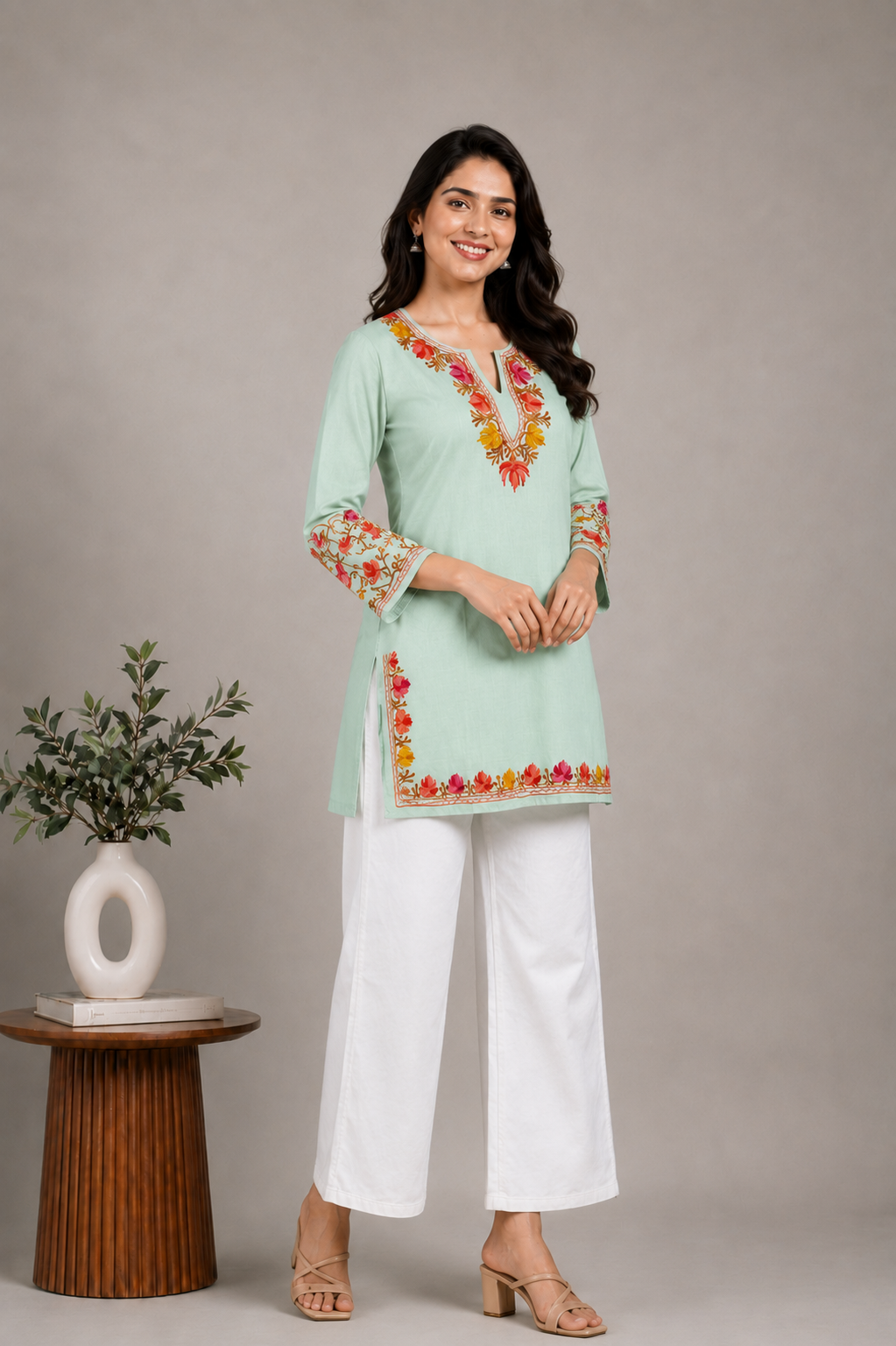 TOK Aari Embroidered Cotton Solid Women's Short Kurta - Light Green