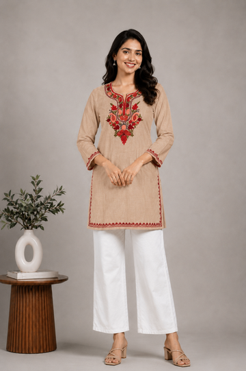 TOK Aari Embroidered Cotton Solid Women's Short Kurta