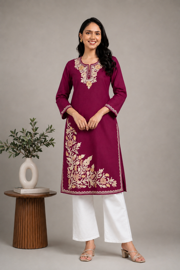TOK Aari Embroidered Cotton Solid Women's Long Kurta - Maroon