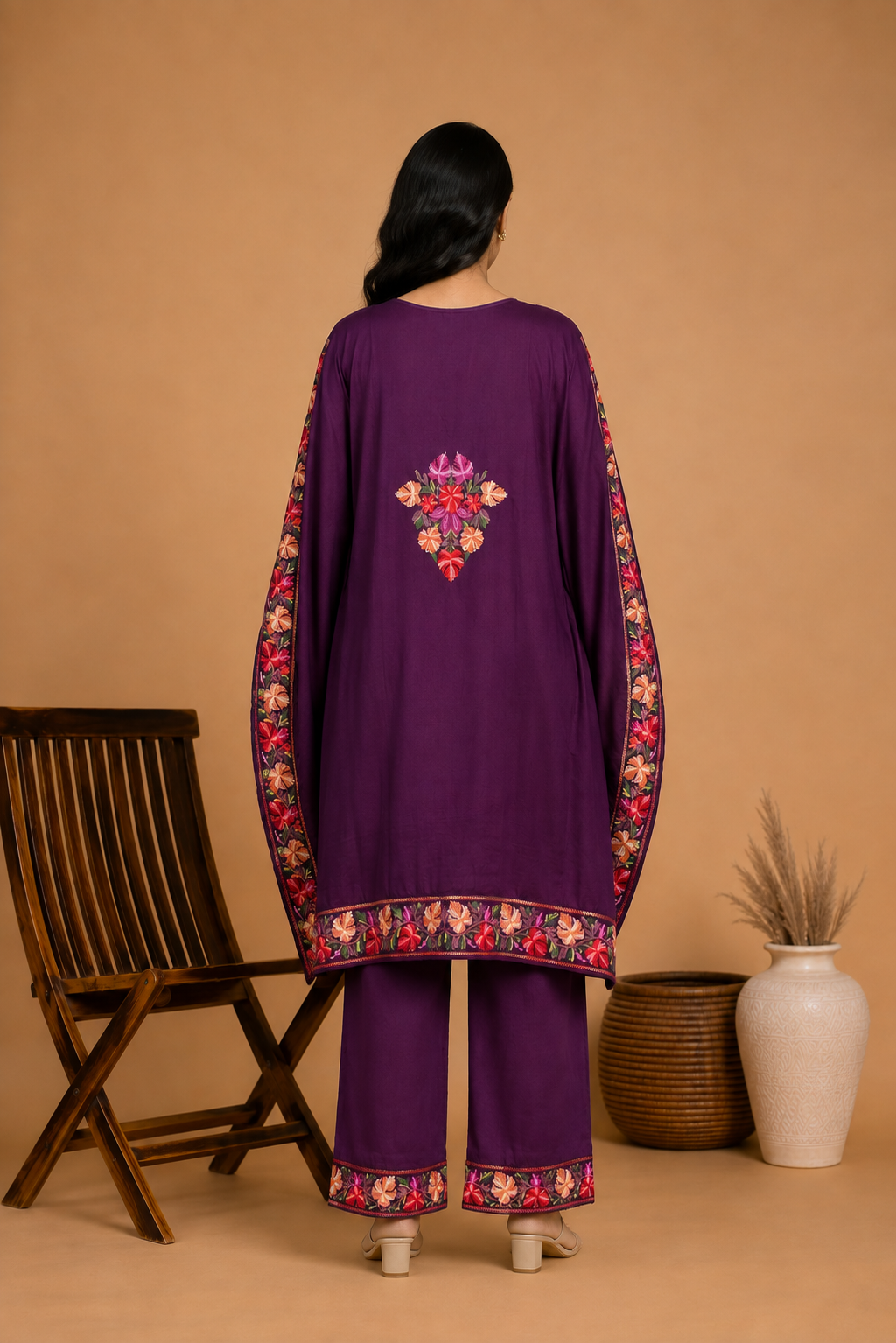 TOK Aari Embroidered Cotton Solid Women's 2PC Kaftan Set - Deep Purple