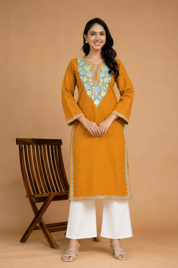 TOK Aari Embroidered Cotton Solid Women's Long Kurta - Mustard