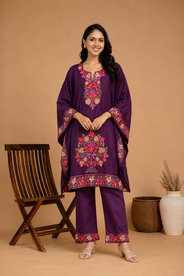 TOK Aari Embroidered Cotton Solid Women's 2PC Kaftan Set - Deep Purple