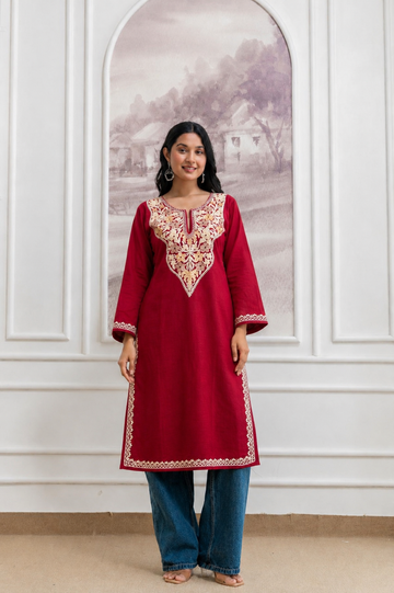 TOK Aari Embroidered Cotton Solid Women's Long Kurta - Maroon