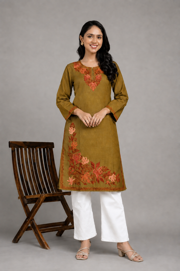 TOK Aari Embroidered Cotton Solid Women's Long Kurta - Mehandi Green
